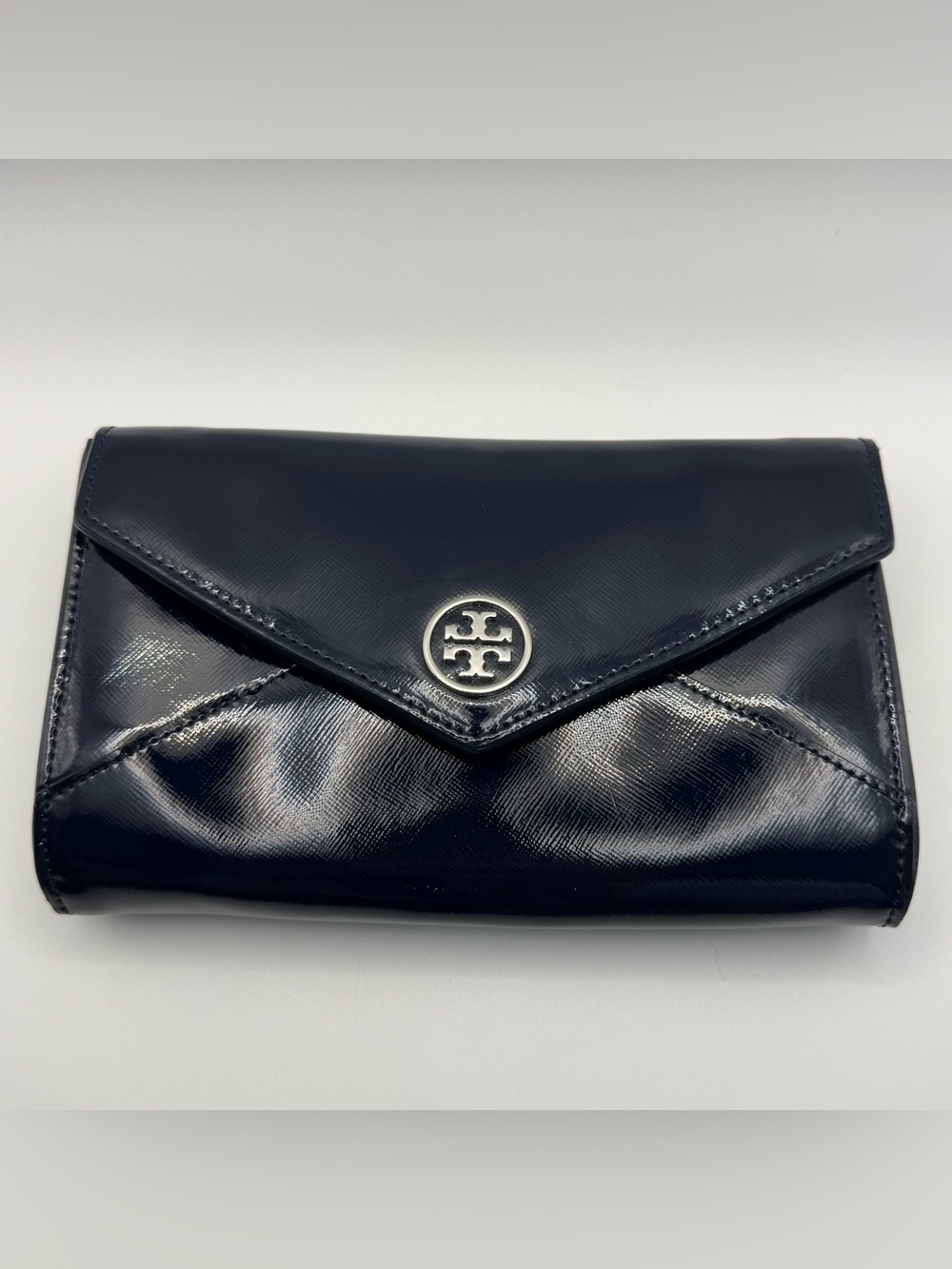 Tory Burch Dark Navy Patent Leather Envelope Clutch Silver Logo 8” x 5.25”